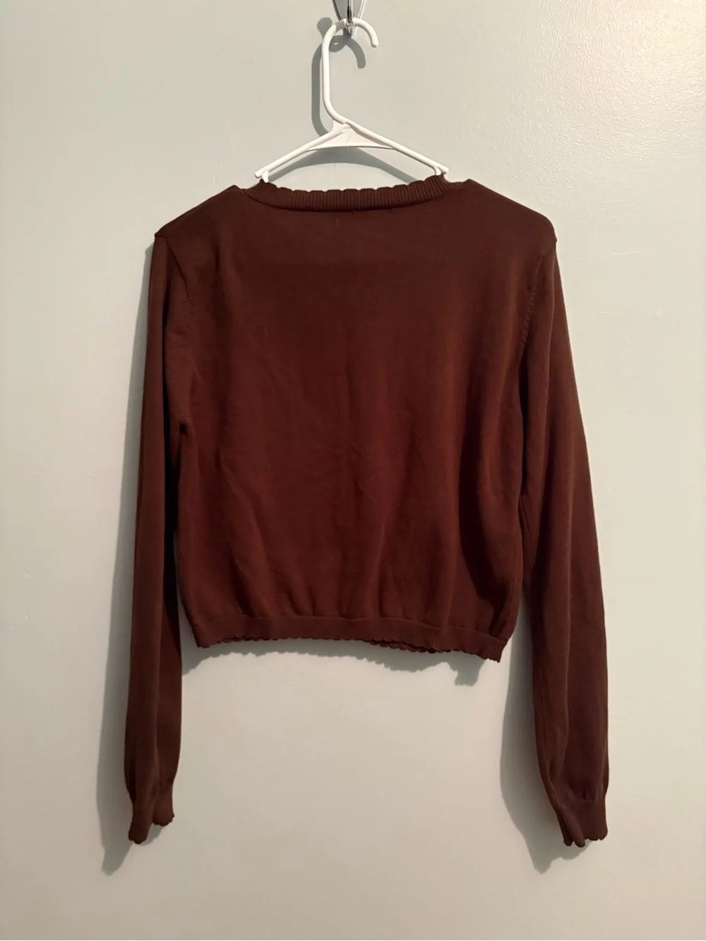 Chocolate Brown Cropped Button-Front Cardigan Scalloped Hem Women’s Size Small - Picture 6 of 8